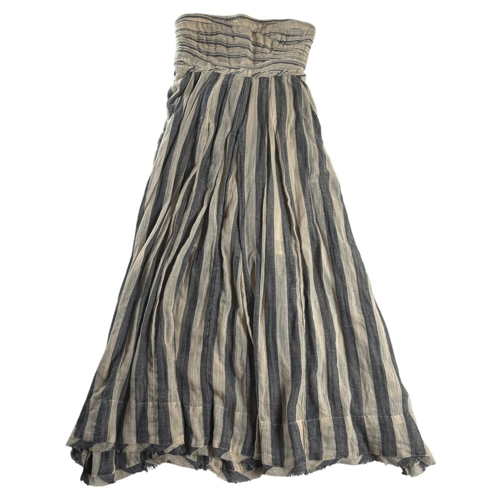 Free People Striped Strapless Maxi Dress M Smocked Tie Waist Frayed Hem